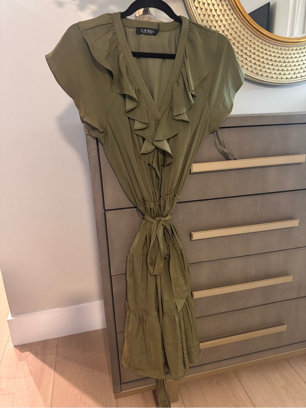 Lauren Ralph Lauren Olive Green Ruffle Tie-Waist Midi Dress